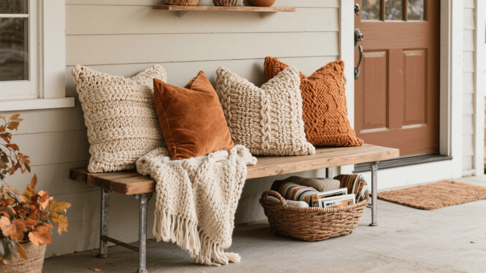 Bench Layered with Woven Pillows and Chunky KnitBlanket