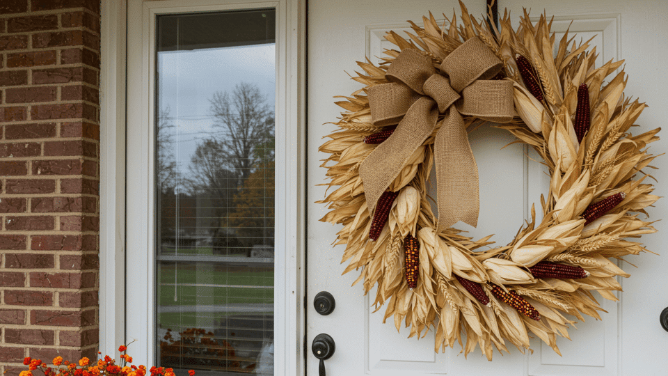 Corn Husk Wreath with Burlap Ribbon