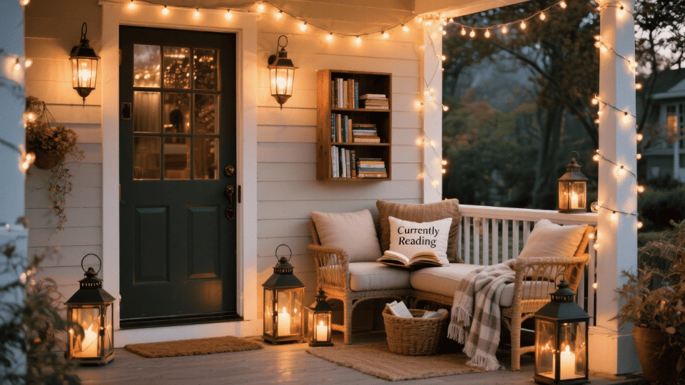 Cozy Reading Corner with Lanterns and String Lights