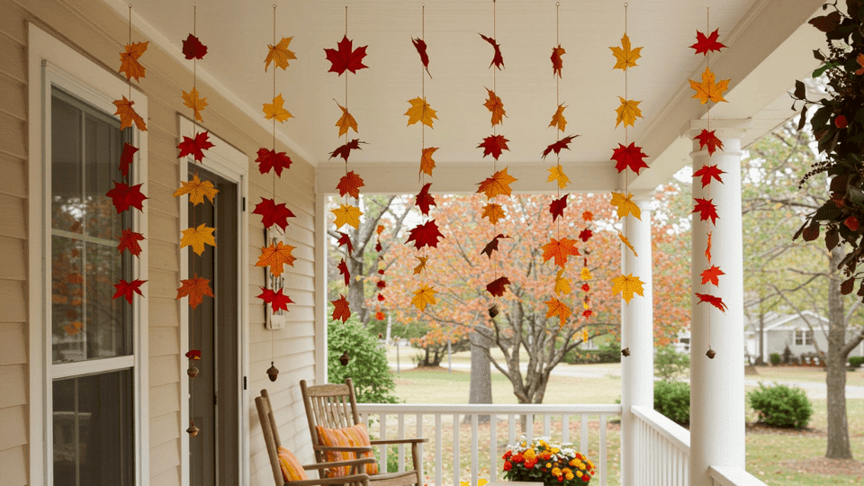 DIY Leaf Mobiles Hanging from Porch Beam