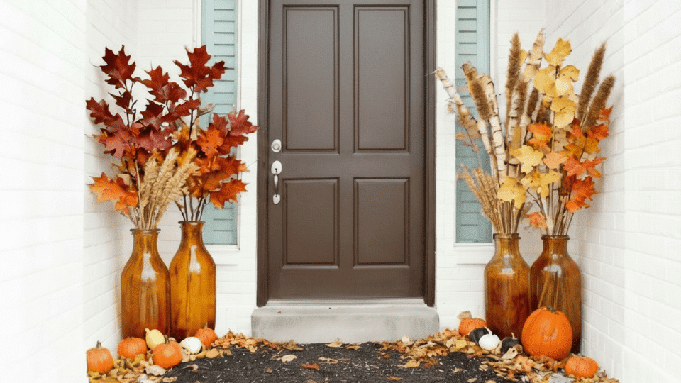 Dried Leaf Arrangement in Tall Vases