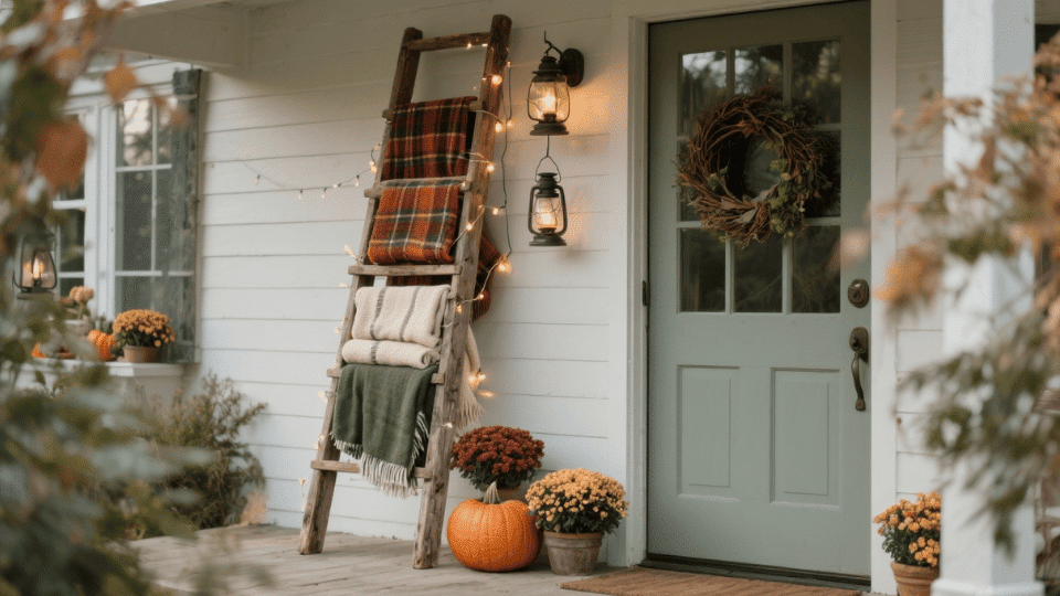 Farmhouse Ladder with Blankets and Décor Accents