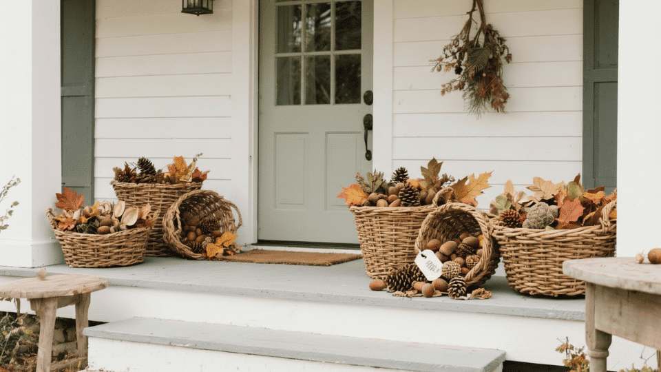 Foraged Finds Displayed in Woven Baskets