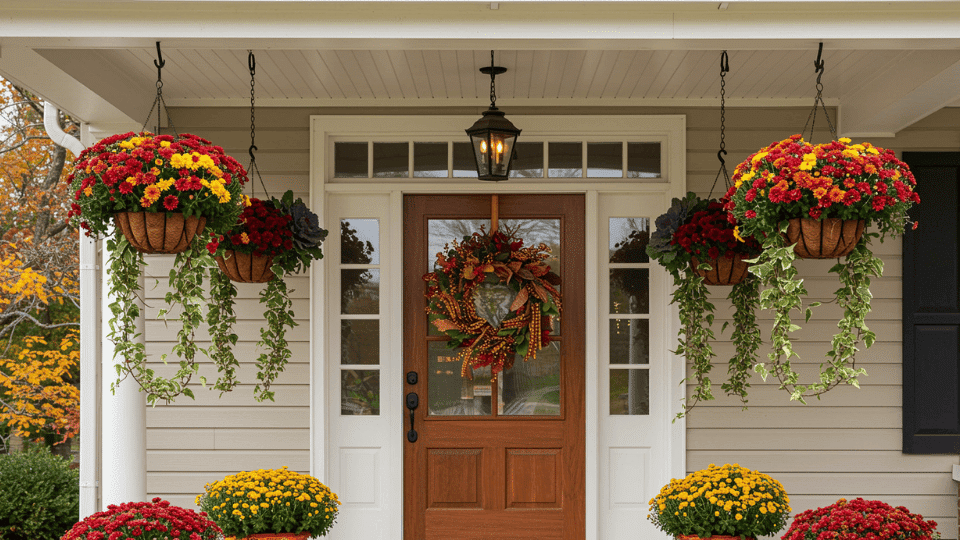 Hanging Baskets Filled with Fall Florals