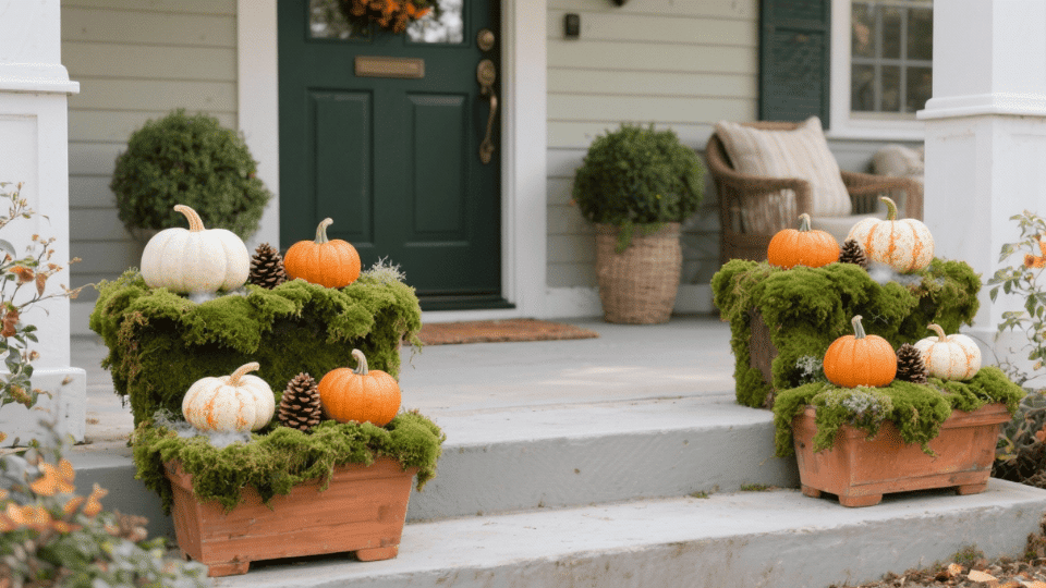 Moss Covered Planters with Mini Pumpkins