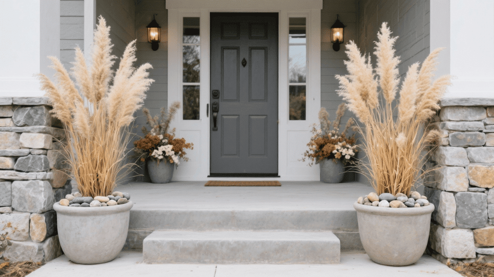 _Pebble Filled Planters with Dried Grasses