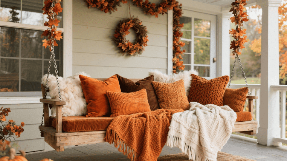 Porch Swing Dressed in Warm Fall Textiles
