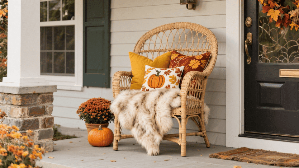 Rattan Chair with Faux Fur and Harvest Themed Pillows