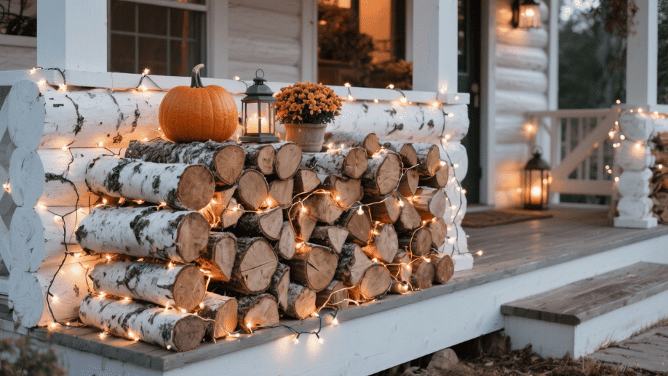 Wooden Logs Stacked with Fairy Lights