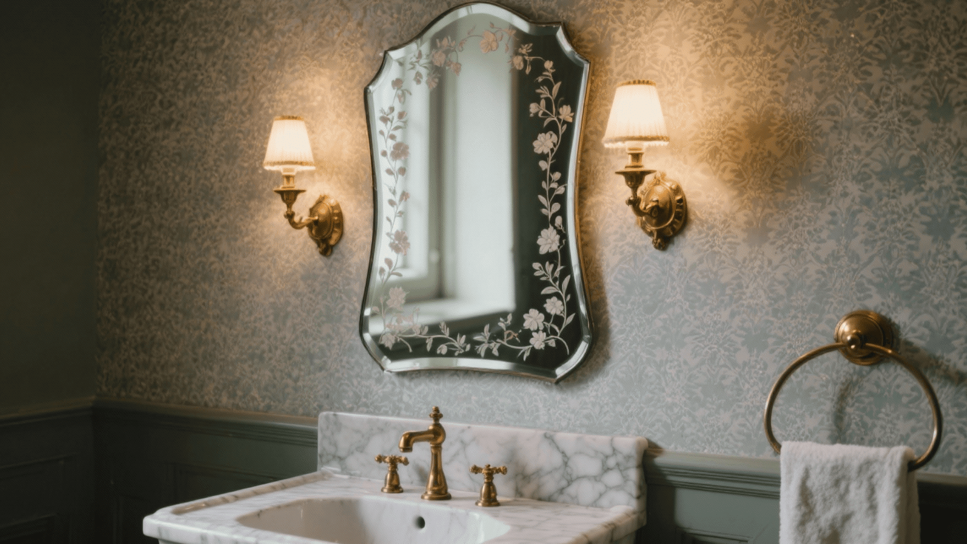 beveled edge wall mirror with floral etching on glass