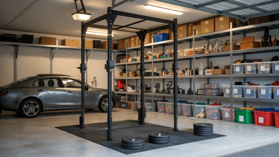 vertical rack and overhead storage half garage gym