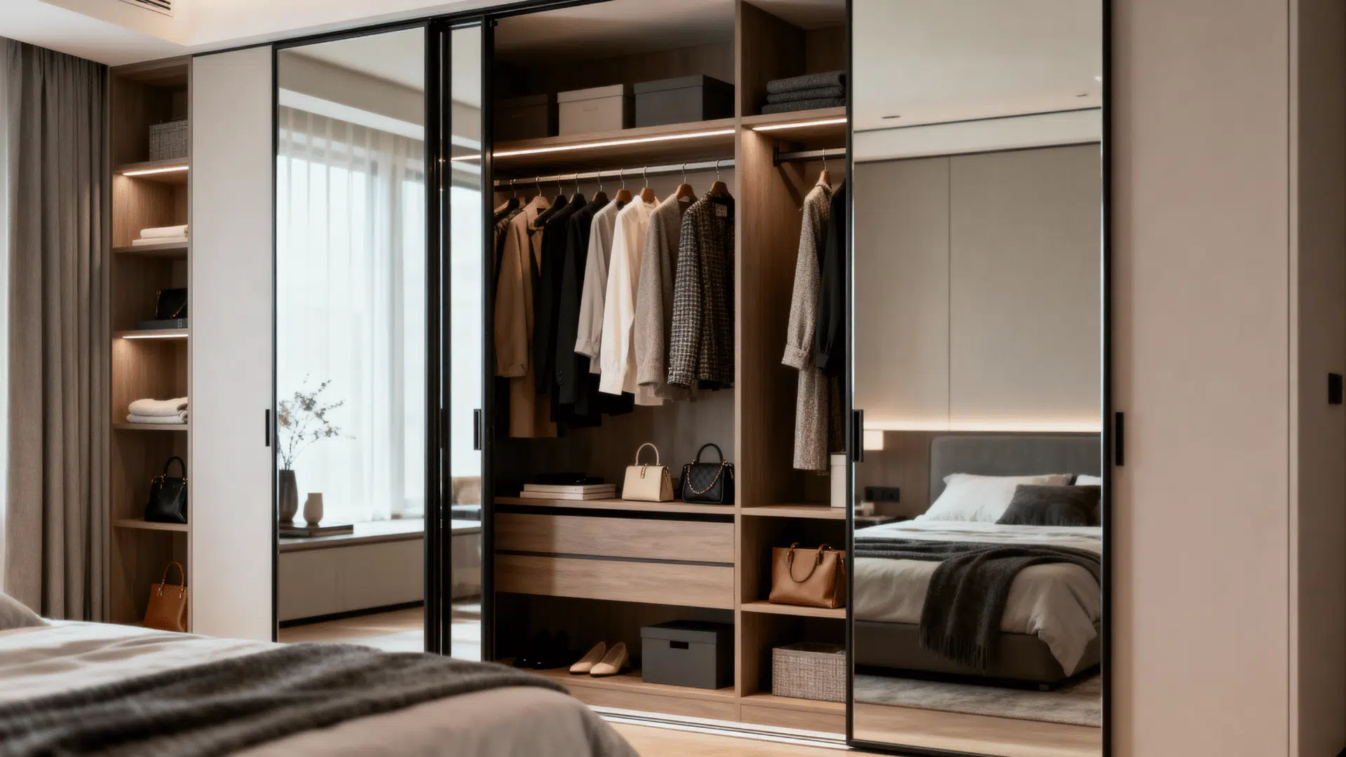Mirrored Door Closet System With Inside Shelving