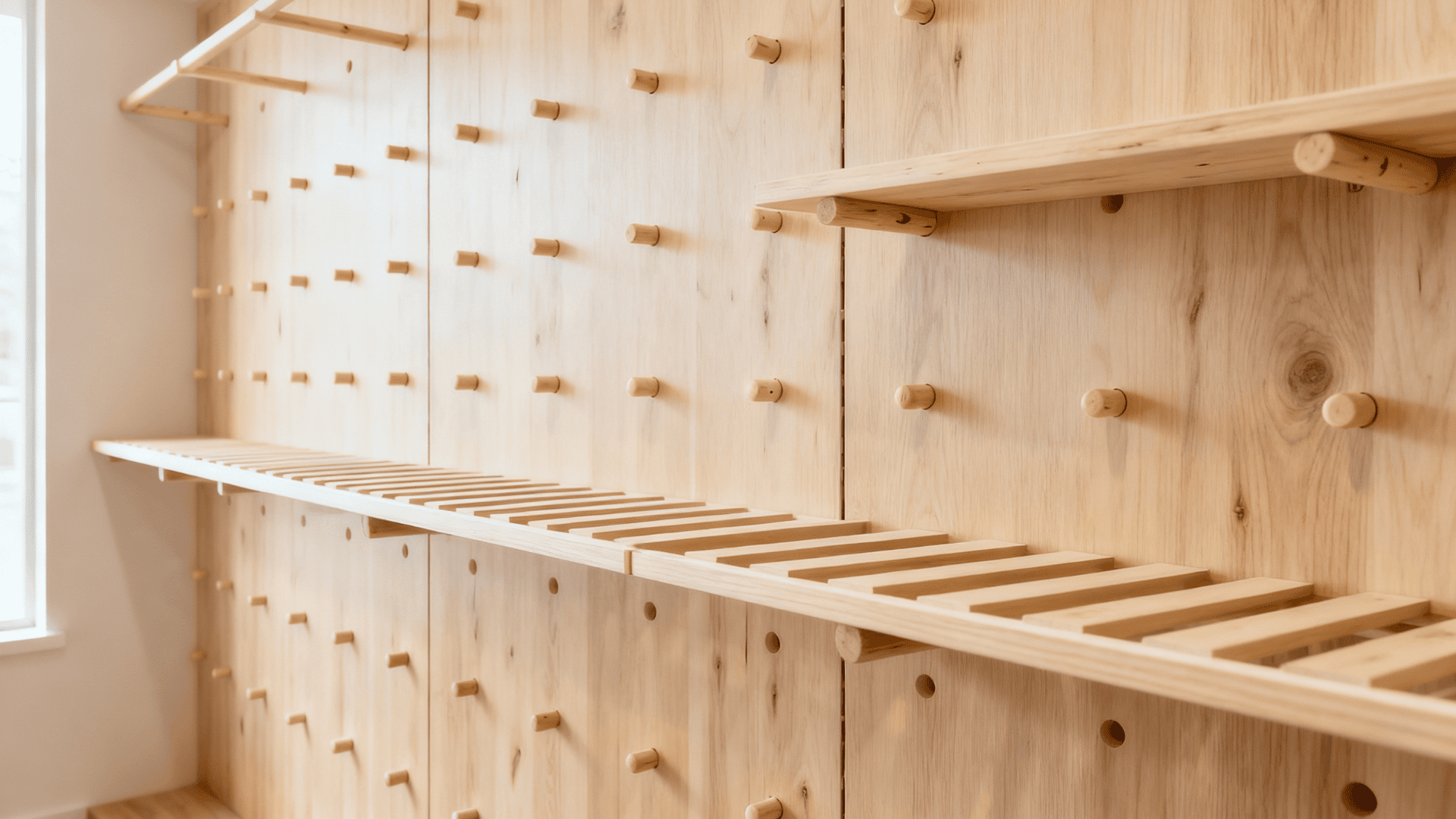 built in shoe wall with adjustable pegs