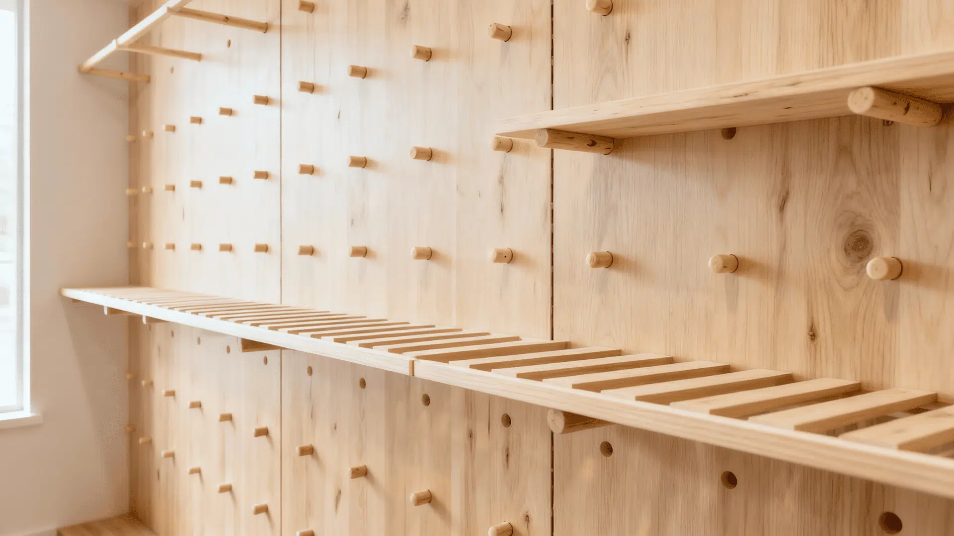 built in shoe wall with adjustable pegs