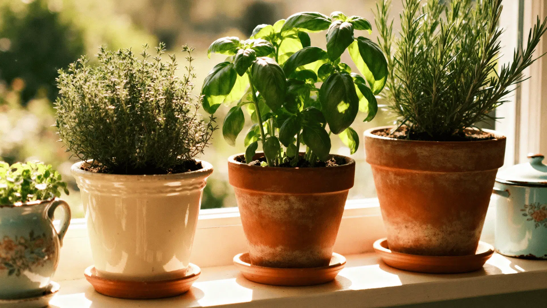 potted kitchen herbs