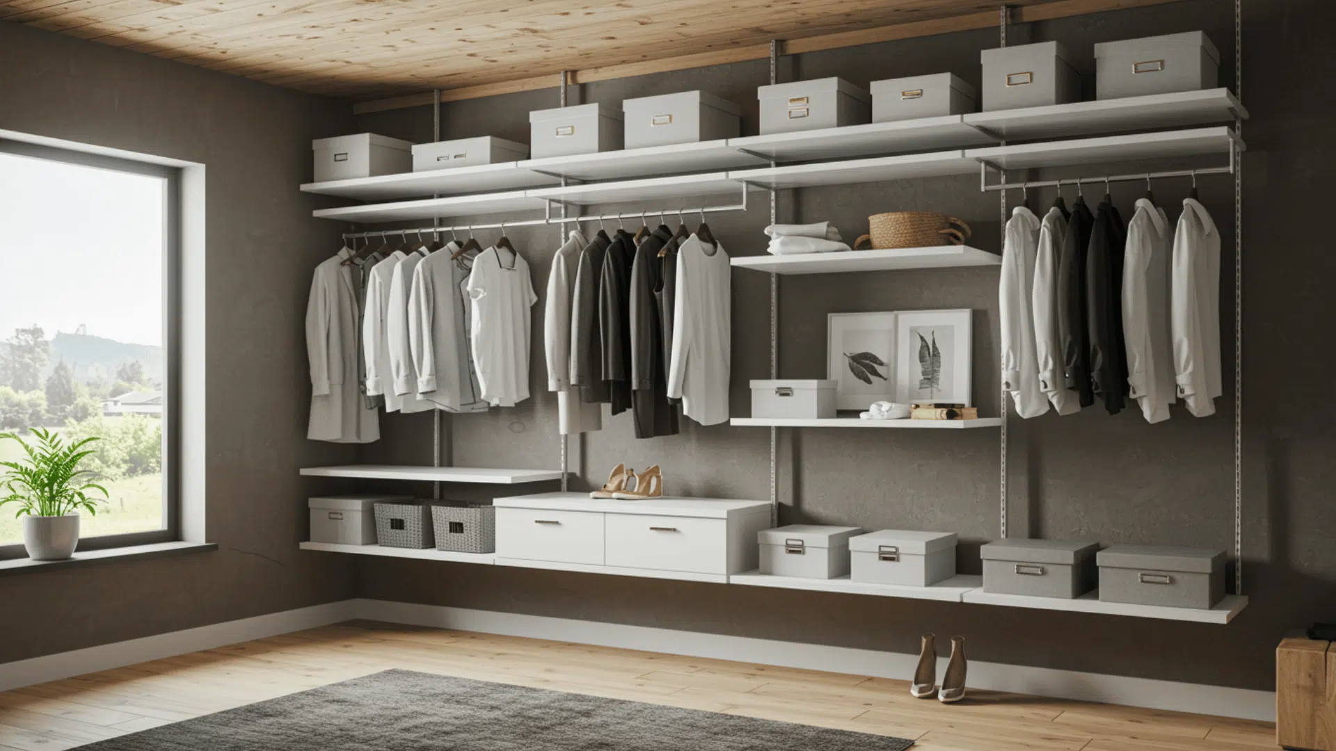 suspended closet system hanging from ceiling