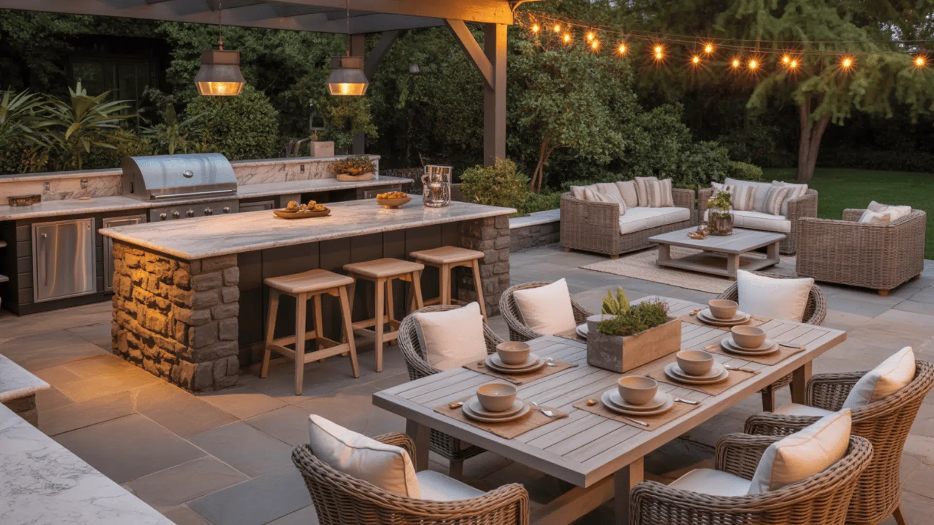 outdoor kitchen lounge with dining zone
