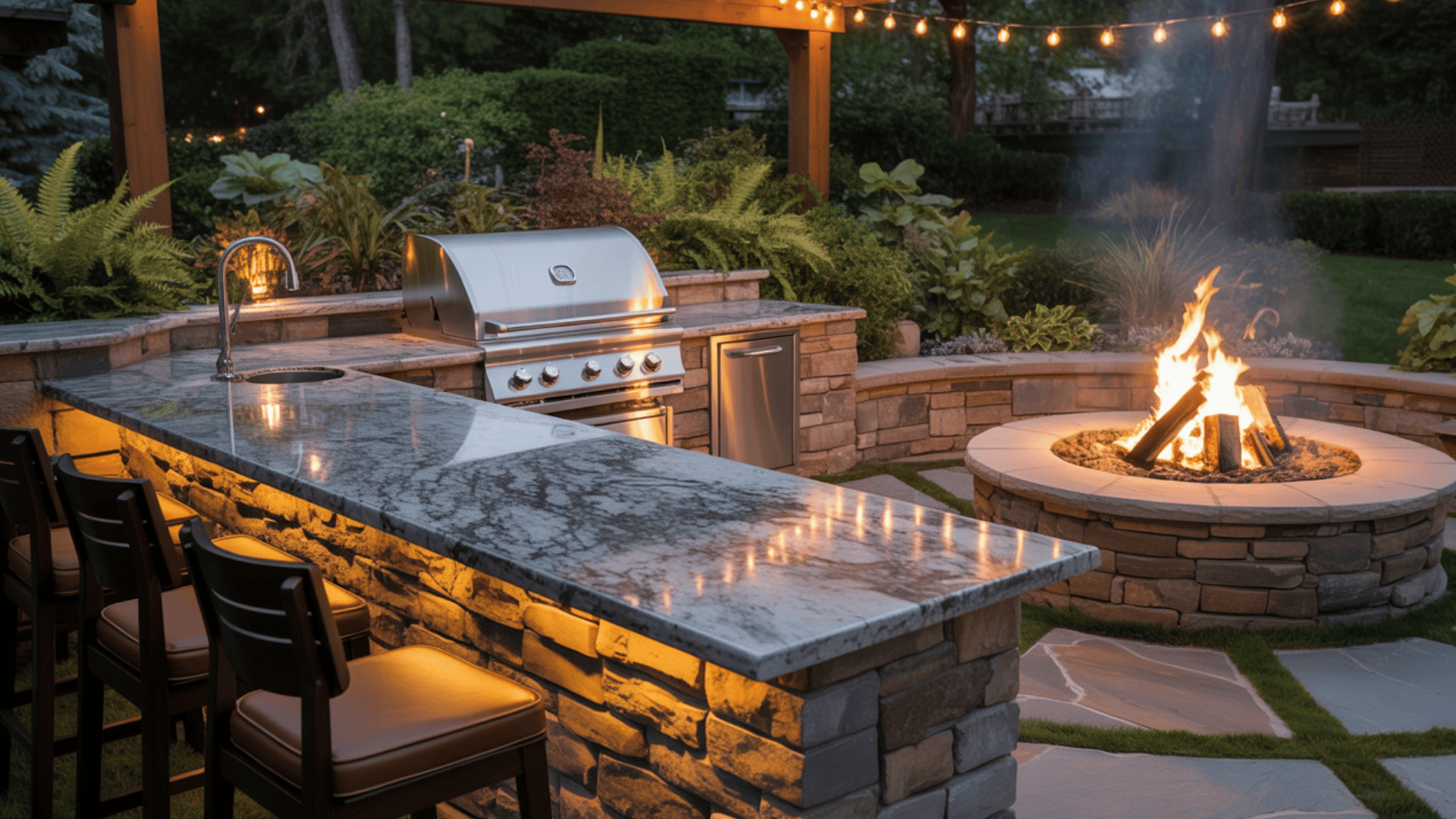 outdoor kitchen with fire pit and prep zone
