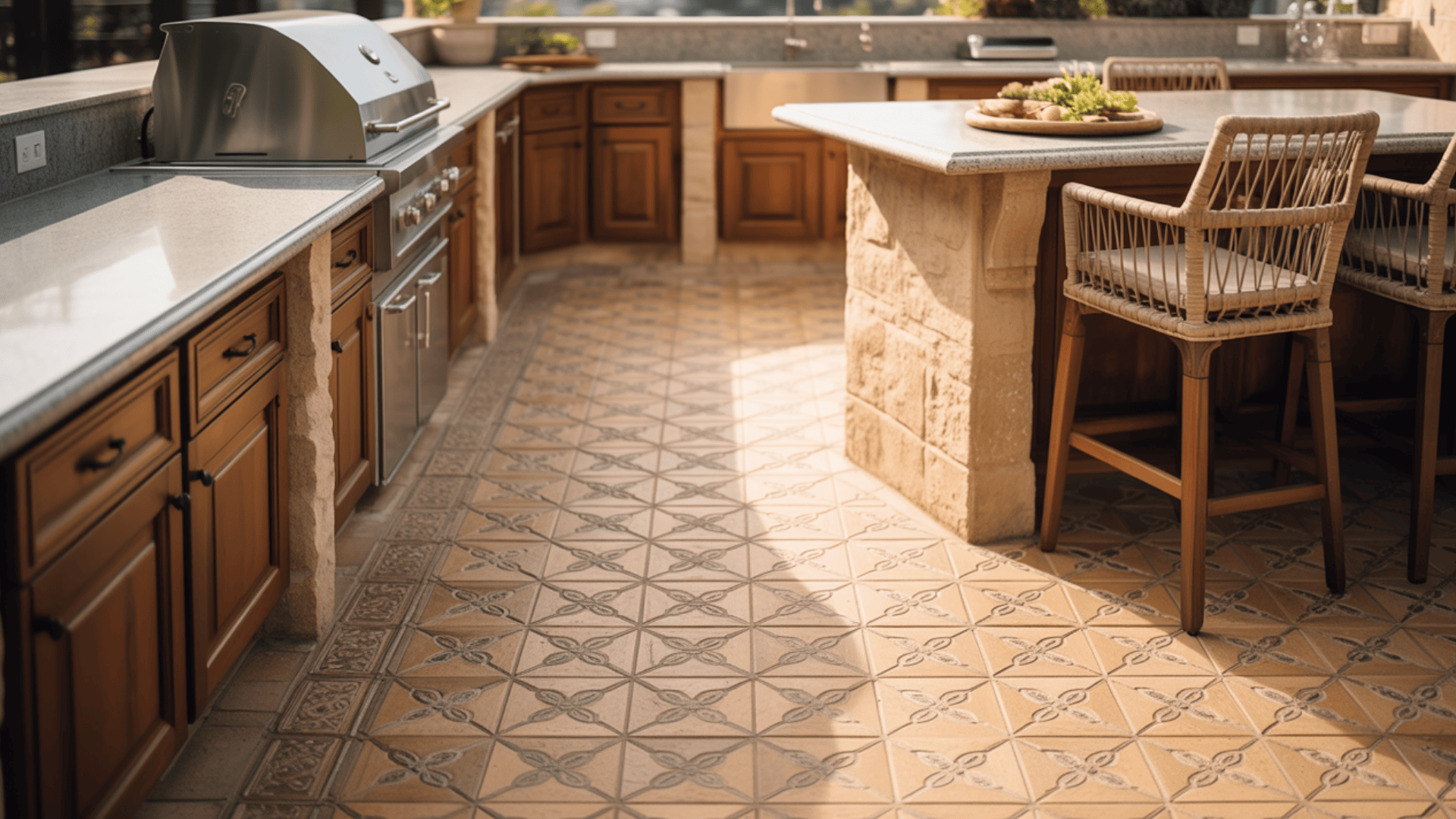 outdoor kitchen with unique flooring and finishes