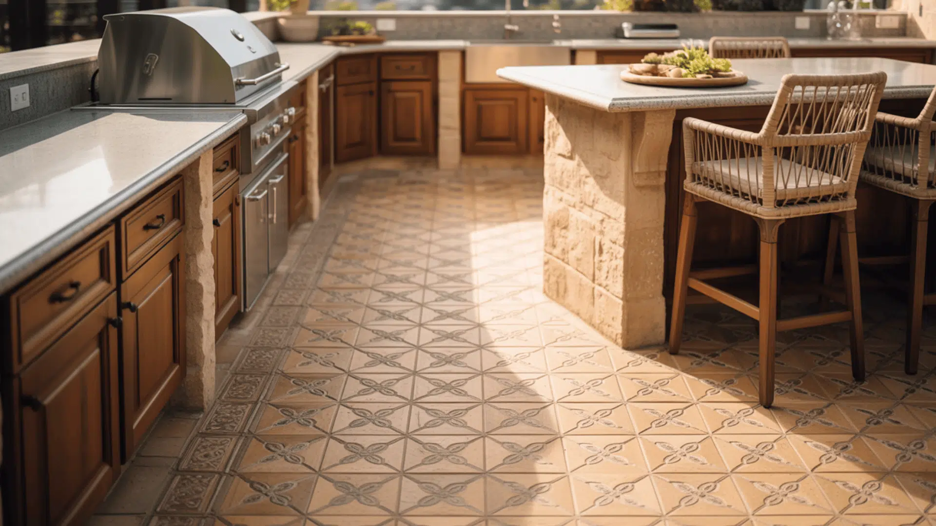 outdoor kitchen with unique flooring and finishes