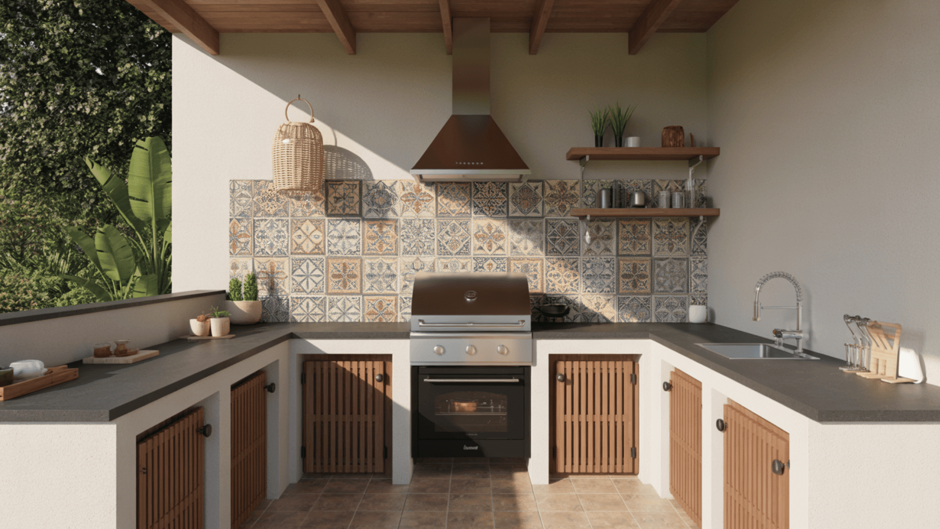 outdoor kitchen with unique tile backsplash designs