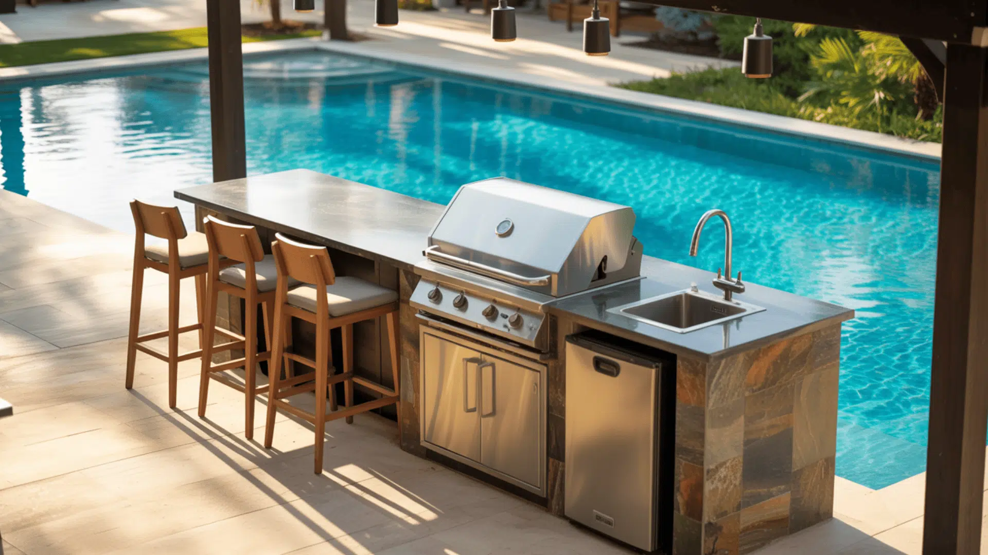 poolside outdoor kitchen with refreshing features